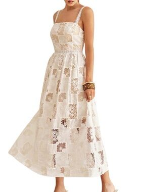 Commense White Cotton Patchwork Lace Embroidered Midi Dress XS NWT